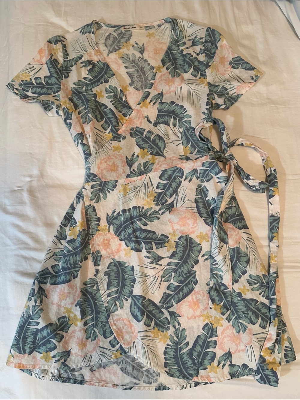 Marine Layer Tropical Wrap Dress Linen Blend Floral Leaf Print XS